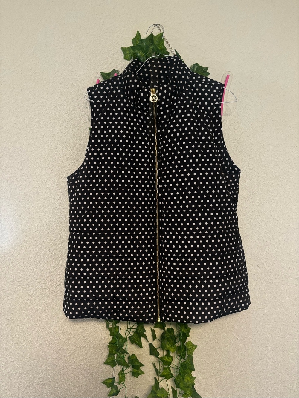 Michael Kors Black Polka Dot Quilted Vest with Gold Zipper